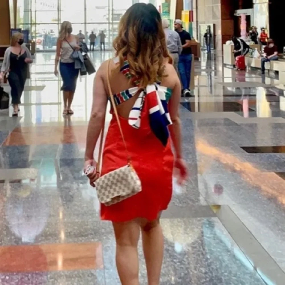 LULU’S Joyful Red Orange Multi Stripe Tie-Back Mini Dress Size Small, Like New - Picture 13 of 15